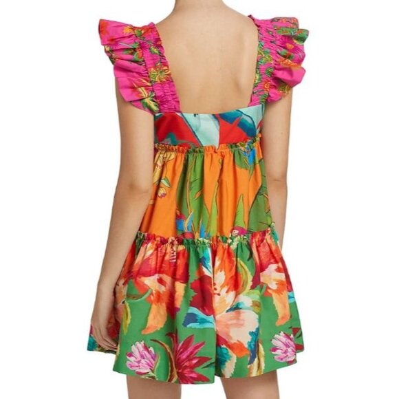 Farm Rio Foliage Cotton Tiered Minidress Ruffled Straps Vibrant Floral Print XS - Picture 2 of 16